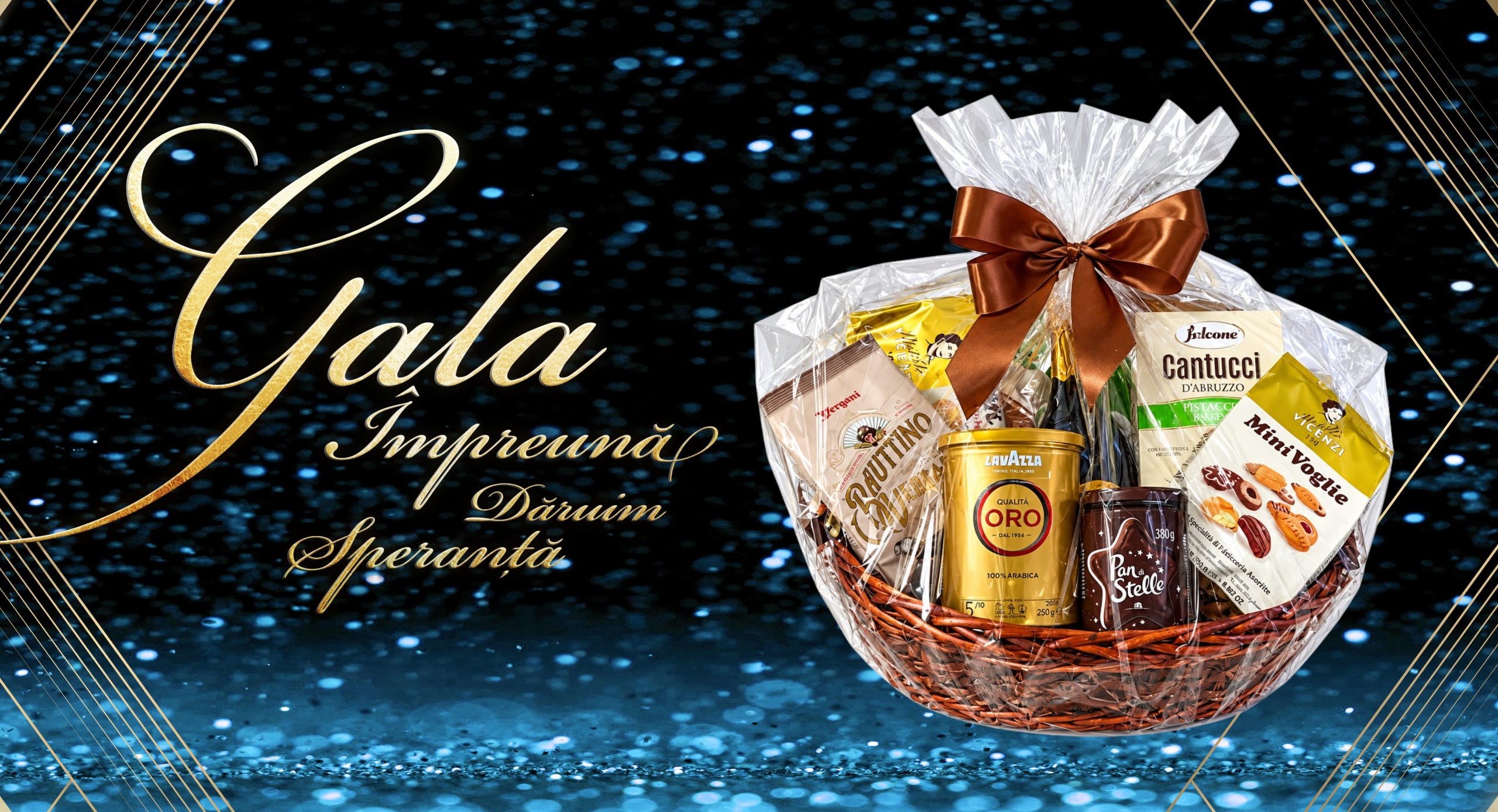 Coș cadou cu cafea Lavazza, cremă Pan di Stelle, biscuiți Cantucci și Vicenzi