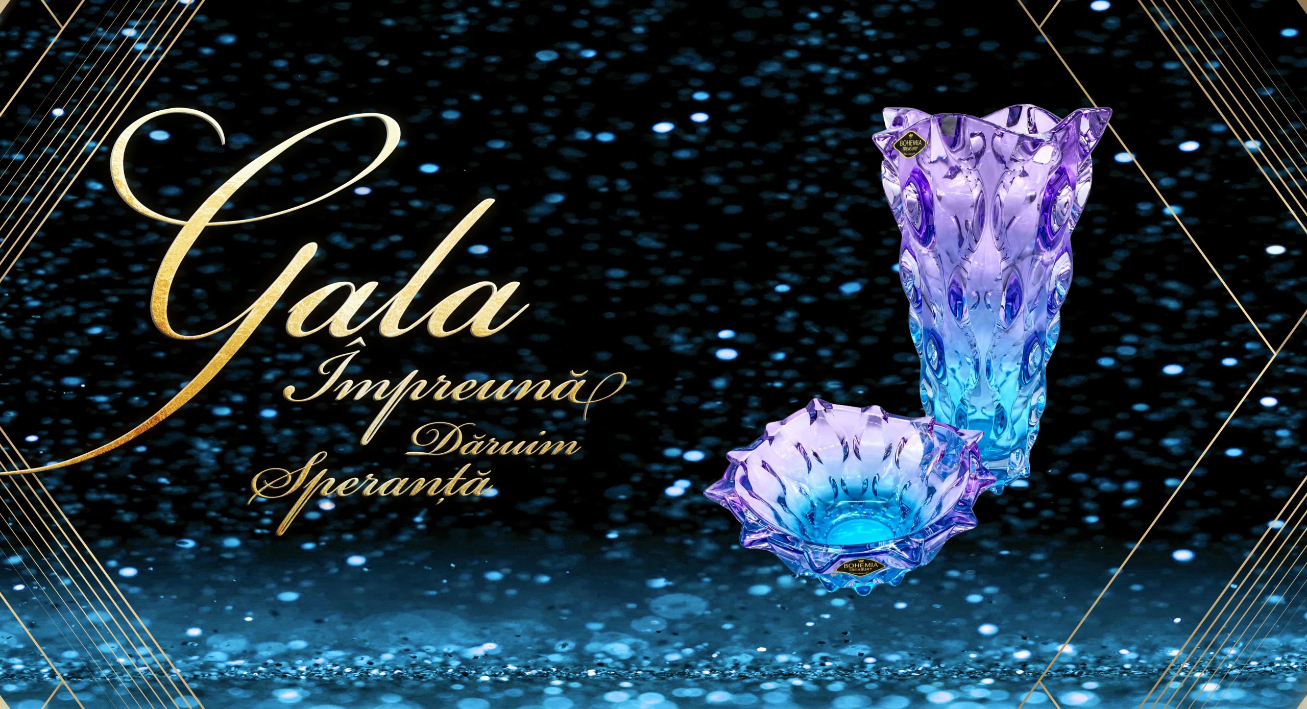 Două vase din cristal de Boemia, Bohemia Treasury, în nuanțe de violet și turcoaz